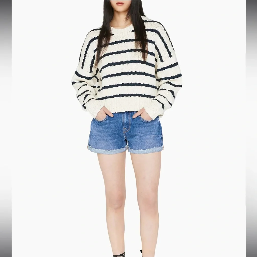 FRAME Denim Designer Blue Le Grand Garcon Cutoff Rolled Hem Jean Shorts size 34 - Picture 2 of 12